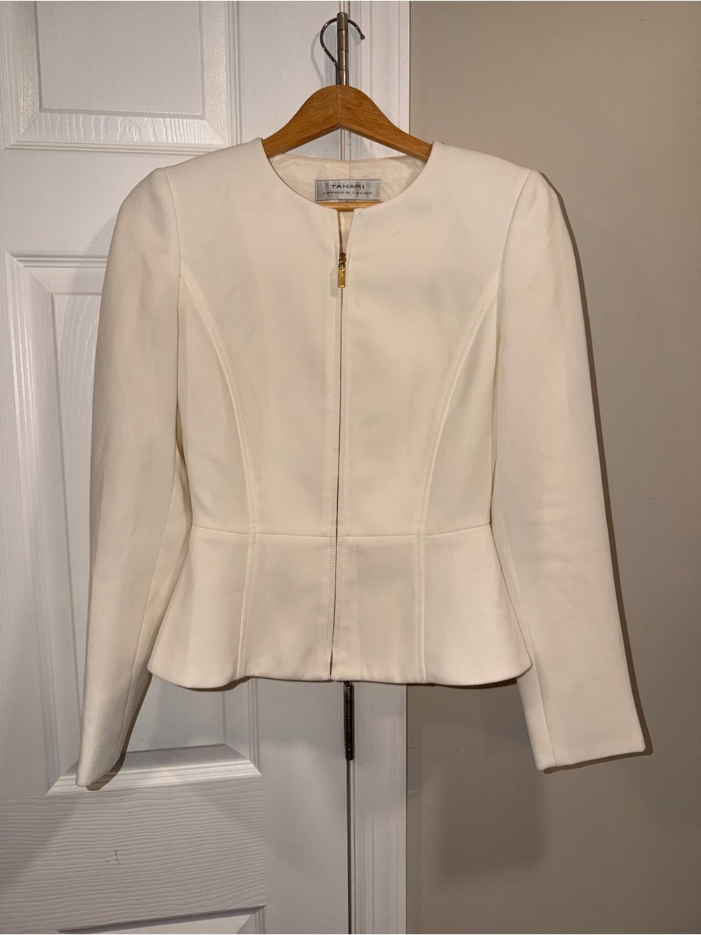 Tahari ASL Cream Zip-Front Peplum Blazer